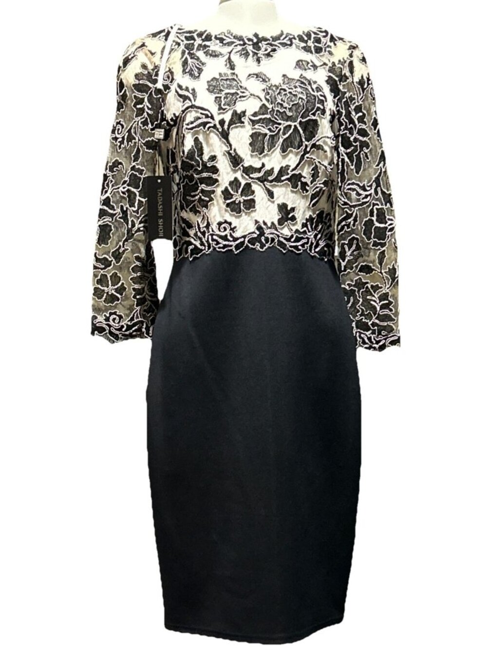 Tadashi Shoji Dress Peony Embroidered Lace Stretch Dress Black Ivory Nude 6 New - Picture 1 of 14